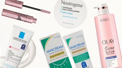 A collage of Caroline Robinson's drugstore beauty favorites