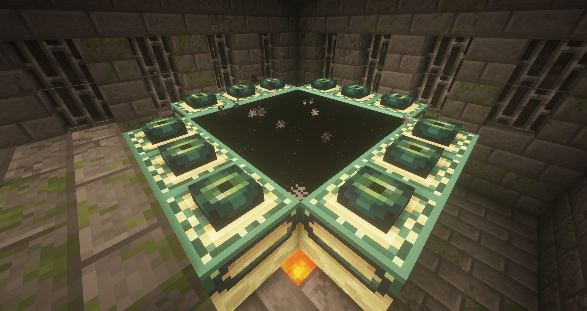 Minecraft seed - 12-eye active end portal - A completed and activated End Portal in a Minecraft stronghold