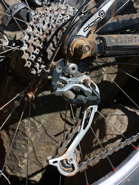The Shadow-style Deore XT rear derailleur has a lower profile to minimize rock impacts.
