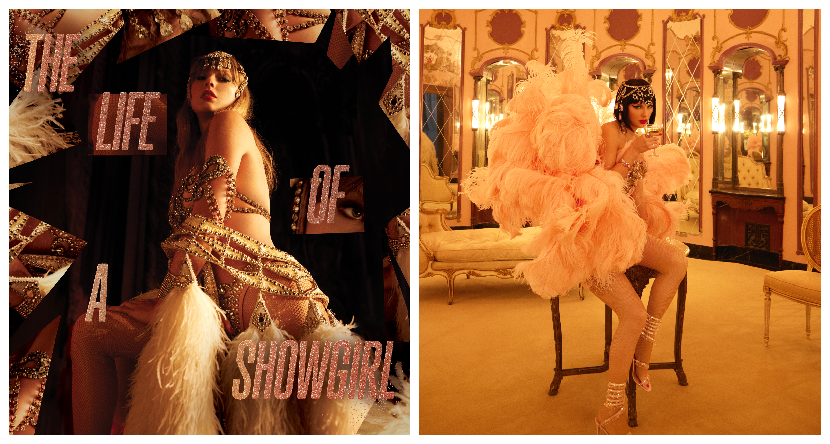 Taylor Swift wearing rhinestone Vegas looks in a backstage area for her Life of a Showgirl album