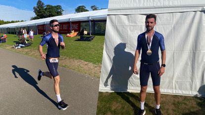best triathlon gear for racing: the author of the article, Charlie Allenby, racing the Votwo Eton Dorney triathlon in Sept 2022