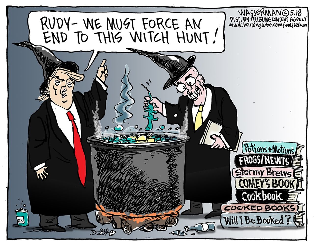 Political cartoon US witch hunt Trump Giuliani Mueller Russia investigation