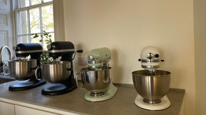 KitchenAid Stand Mixers lined up on the counter