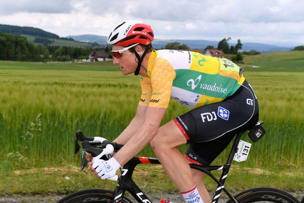 LACHEN SWITZERLAND JUNE 07 Stefan Kng of Switzerland and Team Groupama FDJ Yellow Leader Jersey during the 84th Tour de Suisse 2021 Stage 2 a 178km stage from Neuhausen am Rheinfall to Lachen UCIworldtour tds tourdesuisse on June 07 2021 in Lachen Switzerland Photo by Tim de WaeleGetty Images2