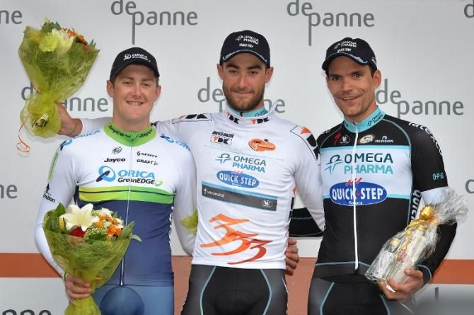 Australia's Luke Durbridge of Orica GreenEDGE, second, Belgium's Guillaume van Keirsbulck of team Omega Pharma - Quick Step, first, and Belgian Gert Steegmans of team Omega Pharma - Quick Step pose on the podium