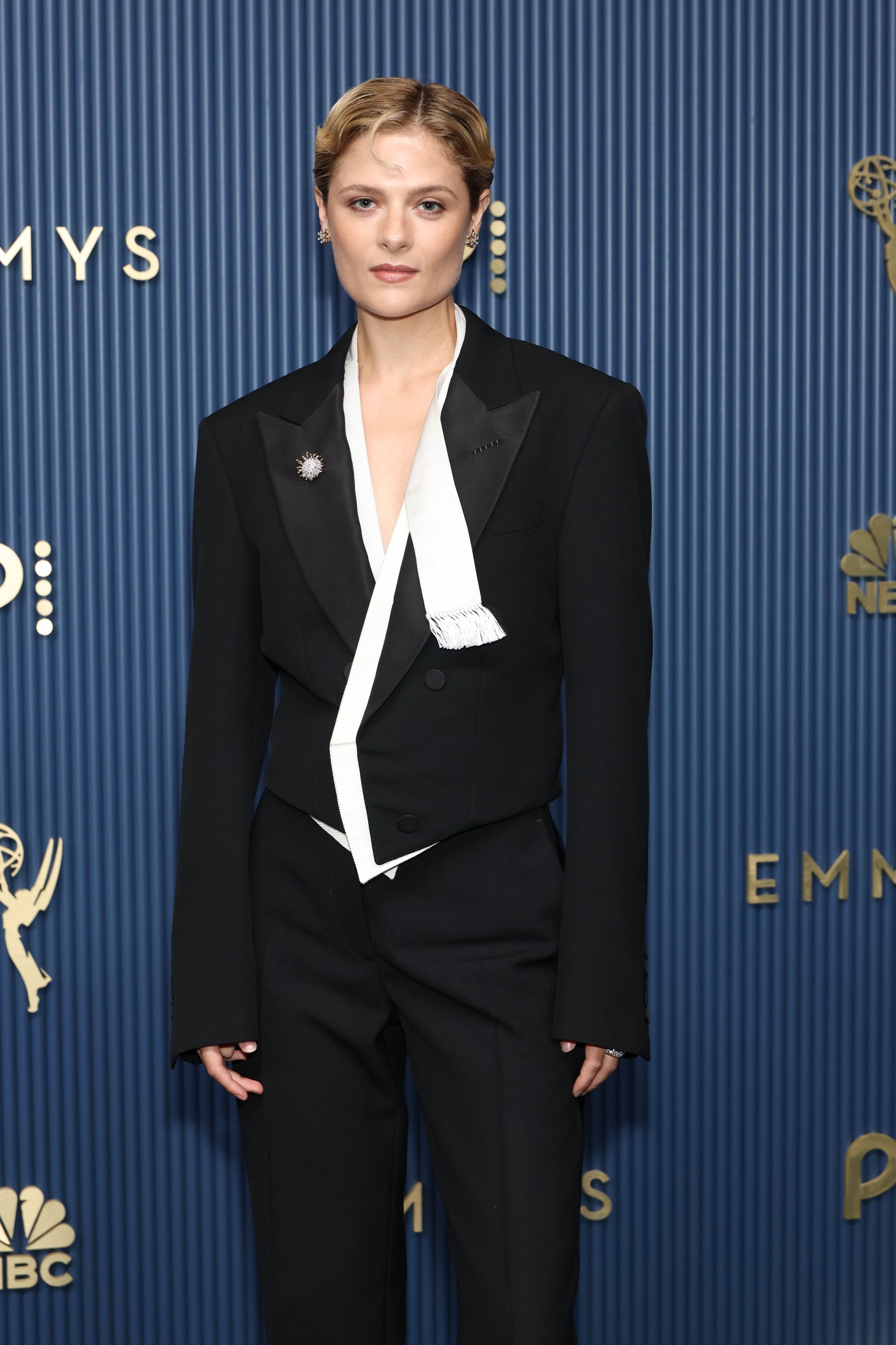Louisa Jacobson wore a black-and-white suit on the 2026 Emmy Awards red carpet