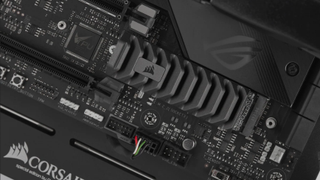 Close-up of a Corsair MP700 Gen5 PCIe M.2 SSD installed on a motherboard.