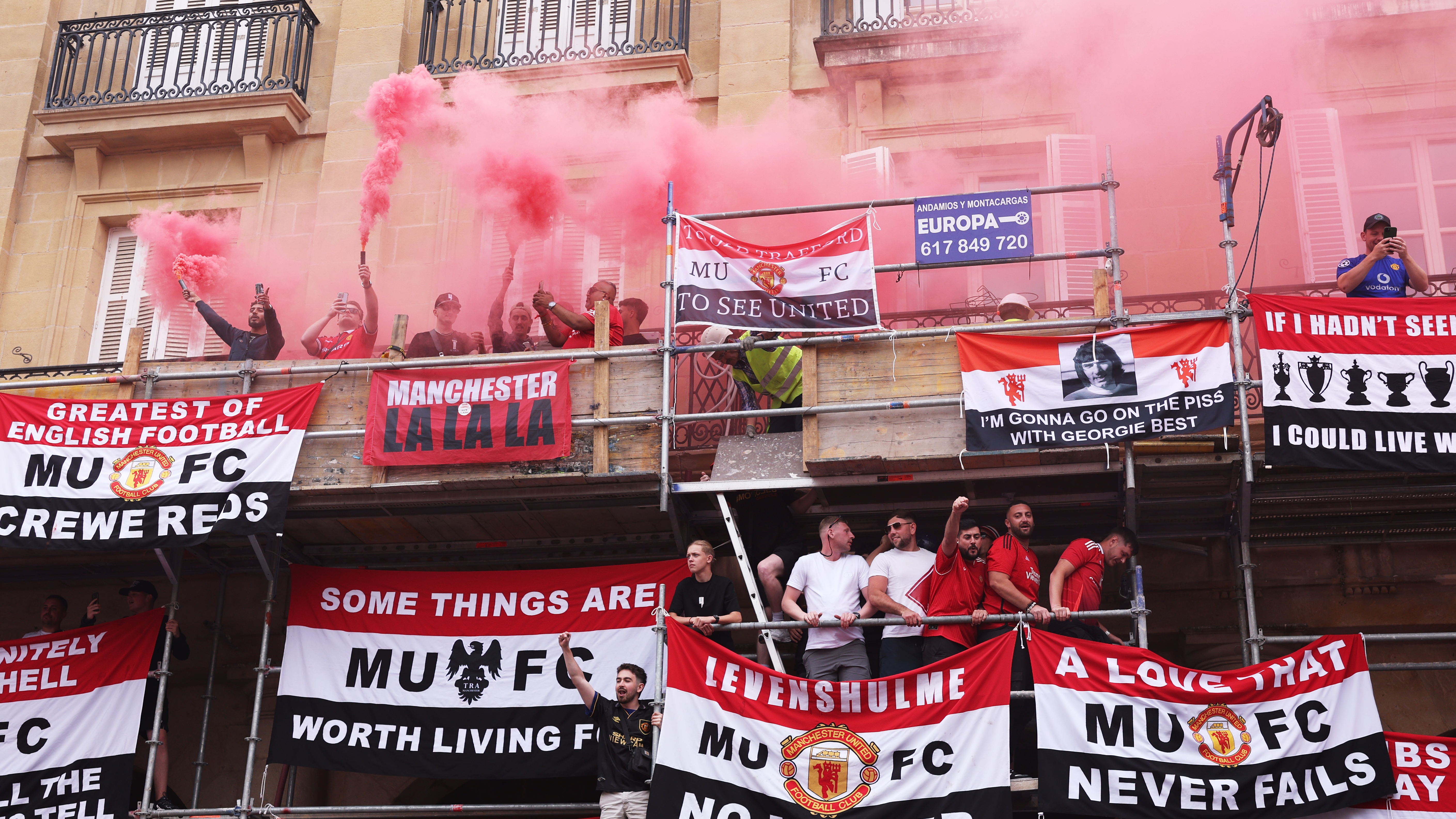 Manchester United fans with flares out in Bilbao
