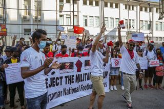 Myanmar footballers protest against the military coup in their country, 2021