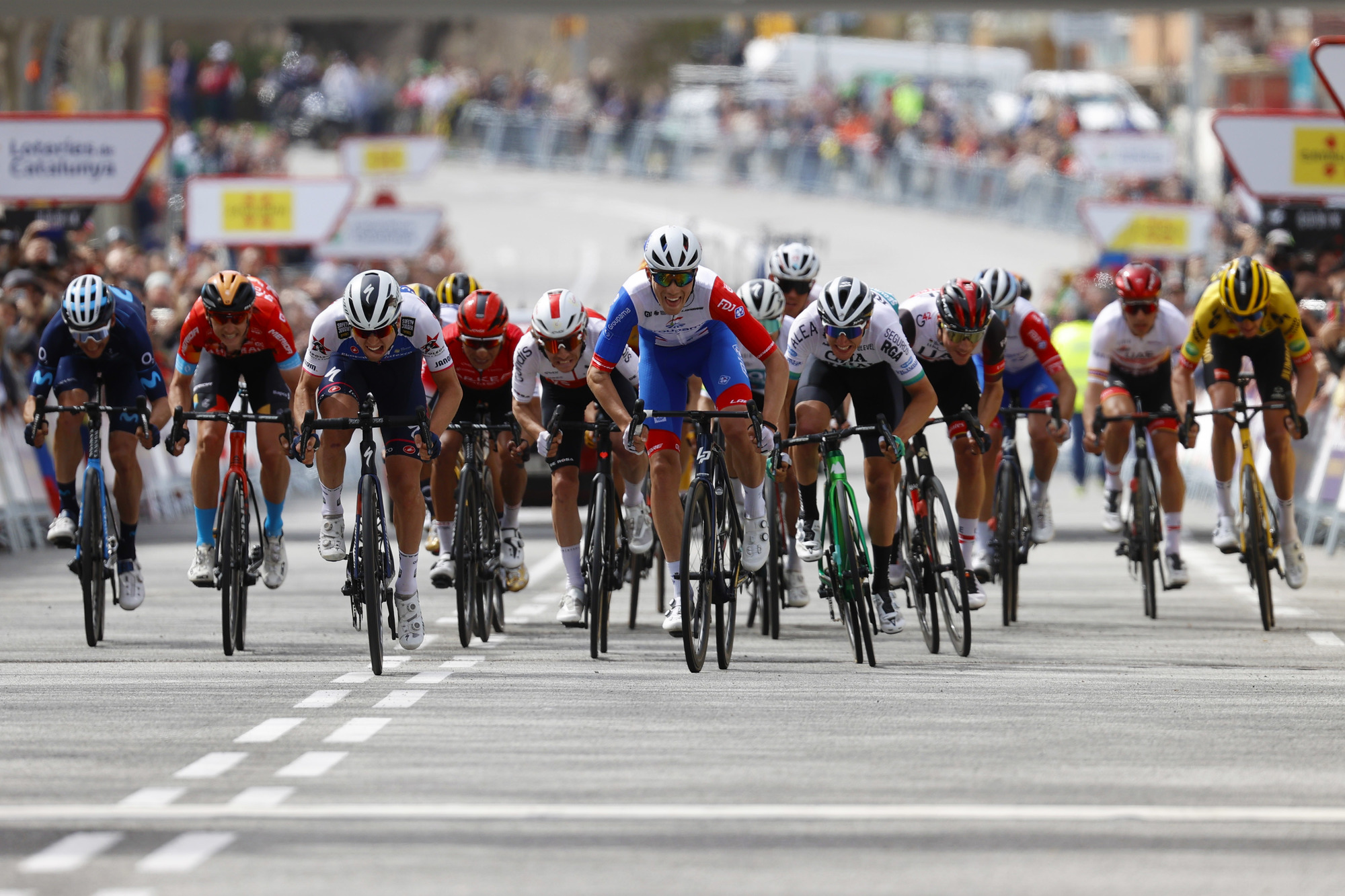 Volta Ciclista a Catalunya 2022 - 101st Edition - 7th stage Barcelona - Barcelona 138.5 km - Andrea Bagioli (ITA - Quick-Step Alpha Vinyl Team) - Attila Valter (HUN - Groupama - FDJ) - Fernando Barceló (ESP - Caja Rural - Seguros RGA) - photo Luis Angel Gomez/SprintCyclingAgency©2022