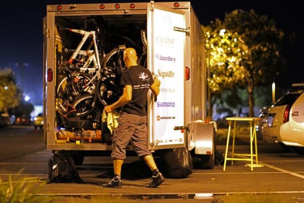 A long day and a packed trailer both come to a close as mechanic Rick Barrow closes shop for the night in Visalia. Getting there required a 2.5 hour drive from the day&rsquo;s finish in Modesto.