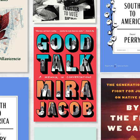 a collage of political and historical book covers including good talk and south to america for a book guide for what to read over july 4th