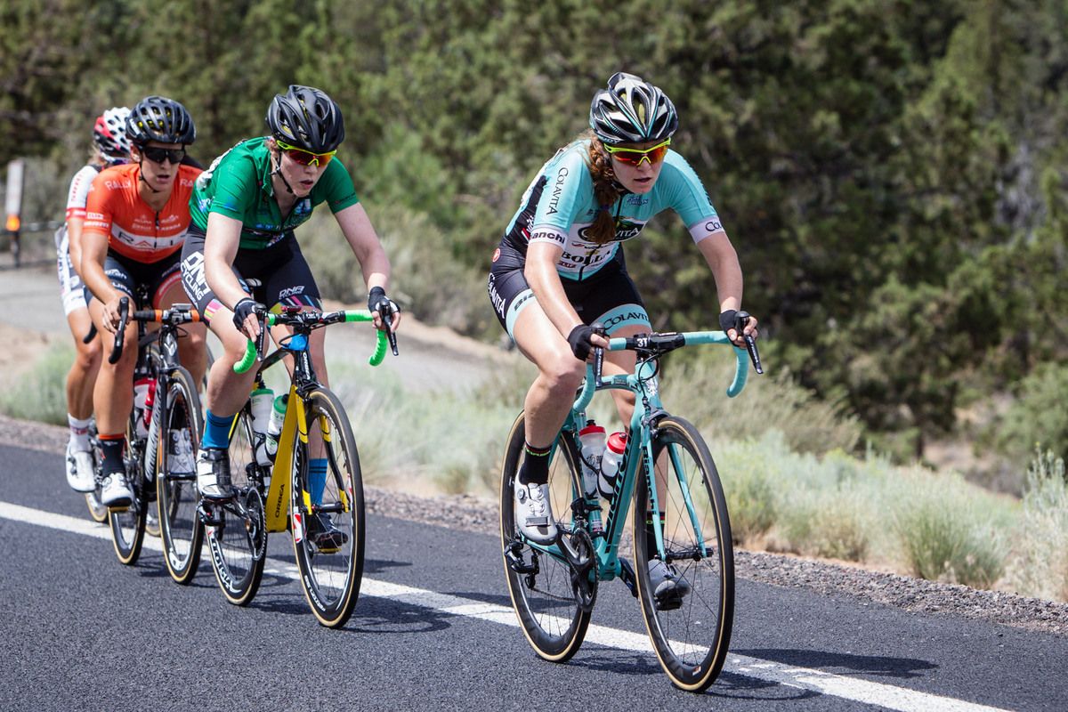 Whitney Allison (Colavita) leads another break in todays women's race