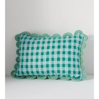 turquoise gingham pillow with triple scallop border