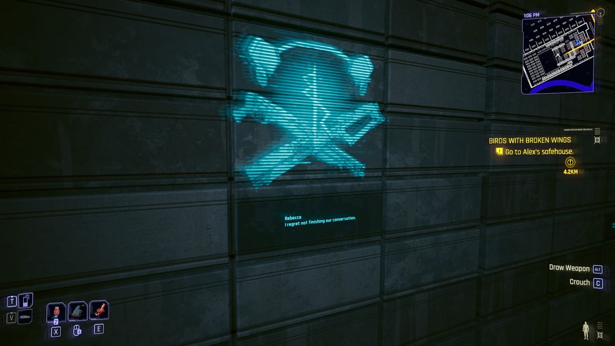 A memorial in Cyberpunk 2077 that reads: "Rebecca: I regret not finishing our conversation."