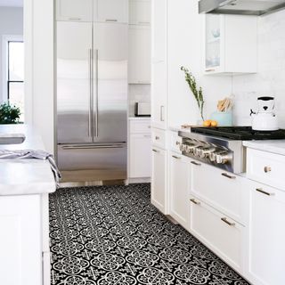 Floor tile stickers used in a white kitchen