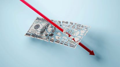 One hundred dollar bill being shattered by red downward arrow on blue background