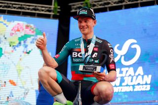 SAN JUAN ARGENTINA JANUARY 22 Sam Bennett of Ireland and Team Bora Hansgrohe celebrates at podium as stage winner during the 39th Vuelta a San Juan International 2023 Stage 1 a 1439km stage from San Juan to San Juan on January 22 2023 in San Juan Argentina Photo by Maximiliano BlancoGetty Images