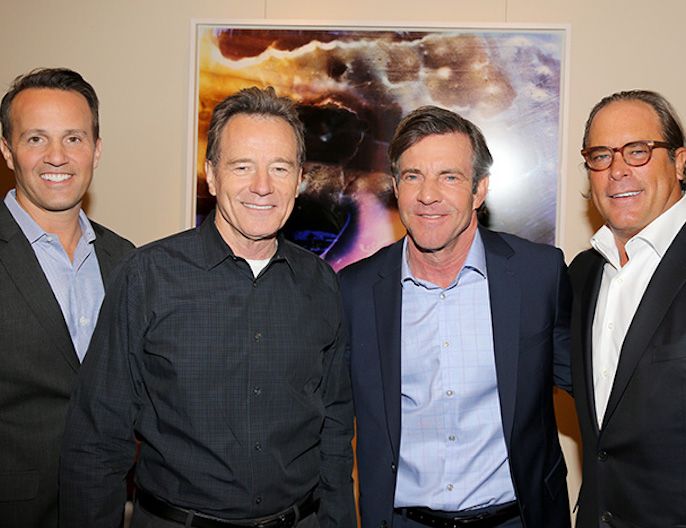 Eric Berger, Bryan Cranston, Dennis Quaid and Steve Mosko at Crackle&rsquo;s upfront presentation held at the New York City Center on April 20, 2016..jpg