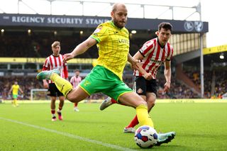 Teemu Pukki of Norwich City shoots during the Sky Bet Championship match between Norwich City and Sunderland at Carrow Road on March 12, 2023 in Norwich, England.