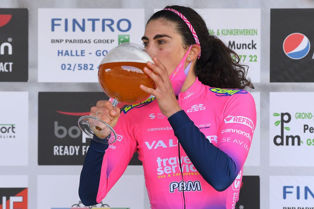 OETINGEN BELGIUM MARCH 14 Podium Elisa Balsamo of Italy and Team Valcar Travel Service Celebration during the 1st GP Oetingen Womens Elite a 120km race from Oetingen to Oetingen Beer Trophy gpoetingen on March 14 2021 in Oetingen Belgium Photo by Luc ClaessenGetty Images