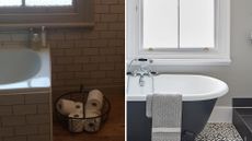 bathroom renovated with printed tiled flooring white window and bathtub