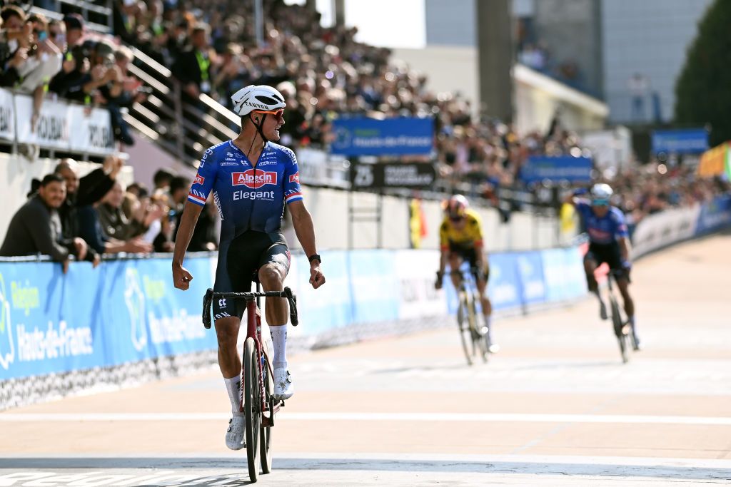 ROUBAIX FRANCE APRIL 09 Mathieu van der Poel of The Netherlands and Team AlpecinDeceuninck celebrates at finish line as race winner during the 120th ParisRoubaix 2023 Mens Elite a 2566km one day race from Compigne to Roubaix on UCIWT April 09 2023 in Roubaix France Photo by Tim de WaeleGetty Images
