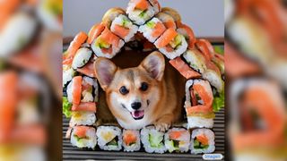 A computer generated image of a corgi inside a house made of sushi