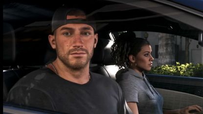 A screenshot of the GTA 6 Extended Look. Jason looks out a car window while sitting next to Lucia.