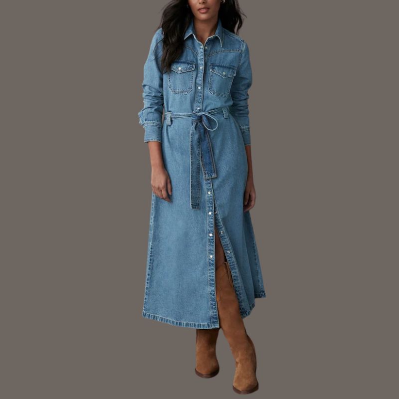 Mid Blue Denim Midi Shirt Dress on model 
