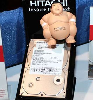 Hitachi's famous sumo wrestler was showing off the company's CinemaStar line of hard drives.