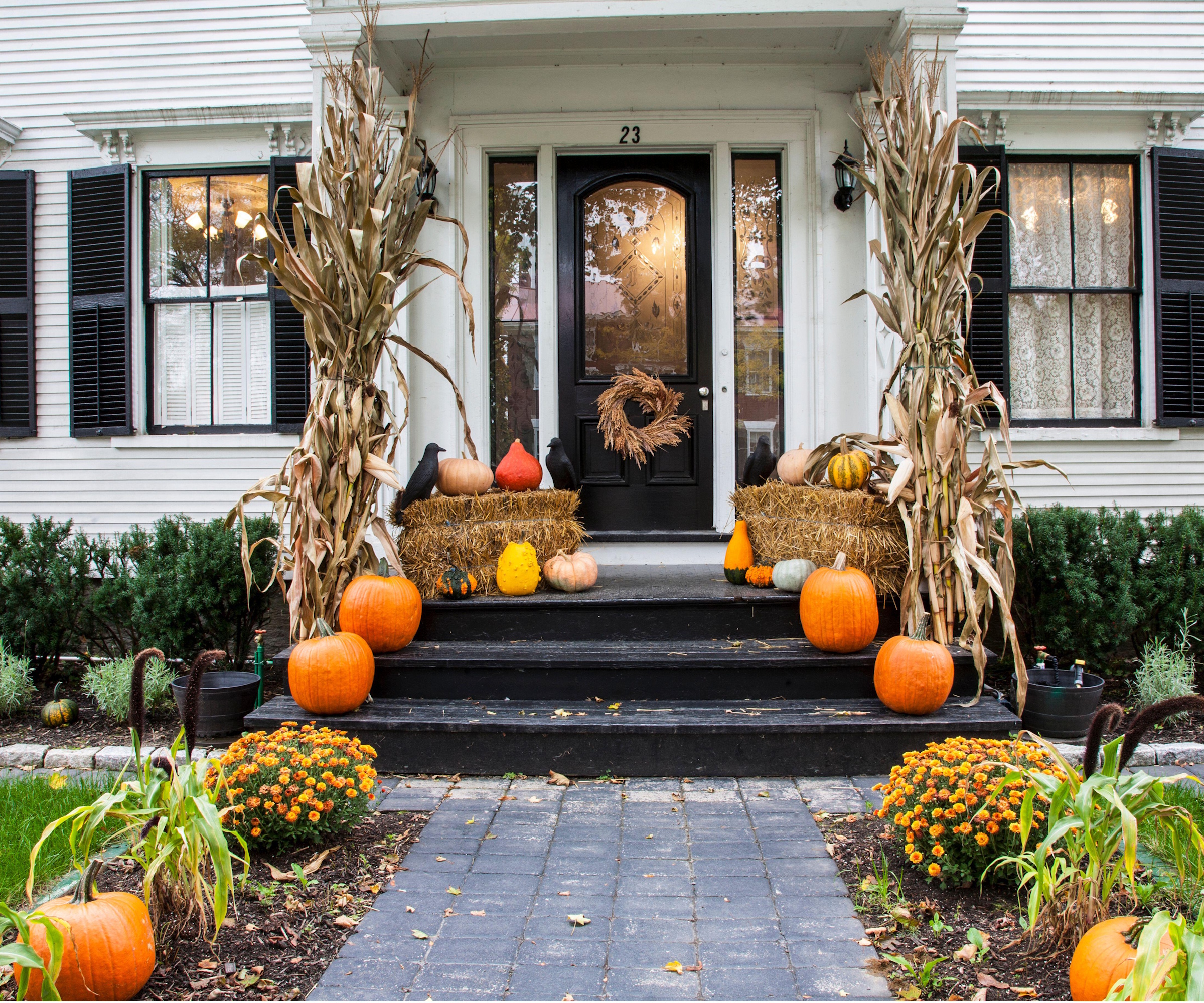 Fall porch with pumpkins, mums, and corn stalks