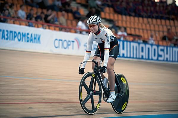 German rider Christina Konsulke starts her 500m time trial ride.
