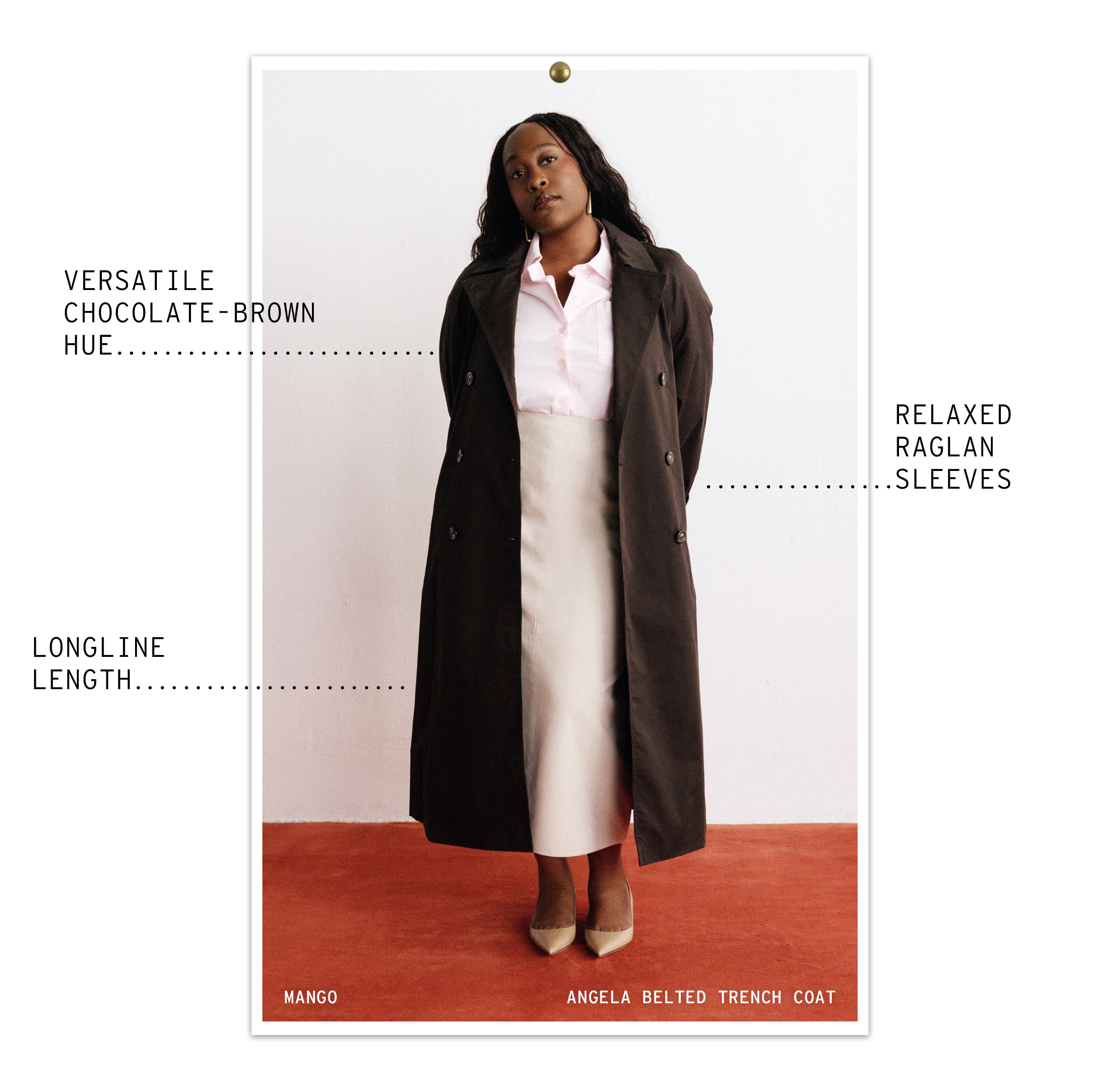 Aniyah wears a brown trench coat, pink top, and beige pencil skirt.