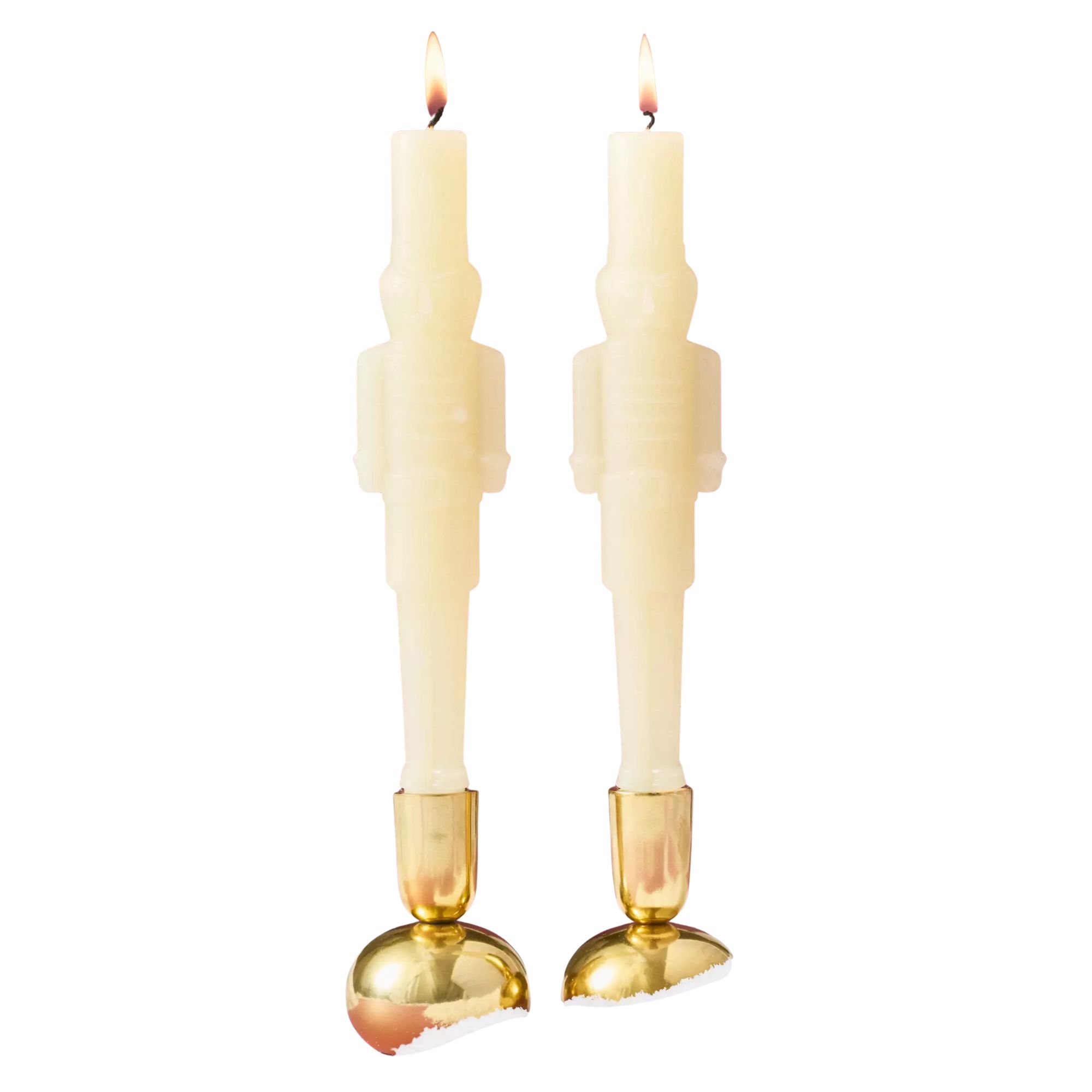 Anthropologie white nutcracker taper candles in gold holders