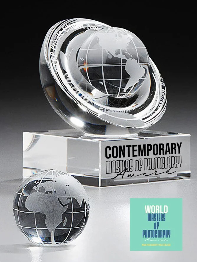 Crystal award featuring a globe design with &quot;Contemporary Masters of Photography Award&quot; engraved, alongside a smaller globe and logo