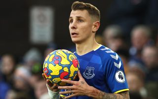 Everton defender Lucas Digne prepares to take a throw-in