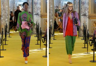 Two images, Left- Female model wearing colourful clothing- Trousers, Long sleeve top, from Gucci collection, Right- Female model wearing colourful clothing from Gucci collection