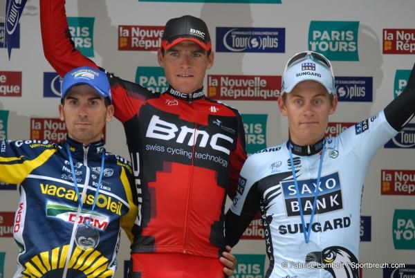 The 2011 Paris-Tours podium: Marco Marcato (Vacansoleil), Greg Van Avermaet (BMC) and
