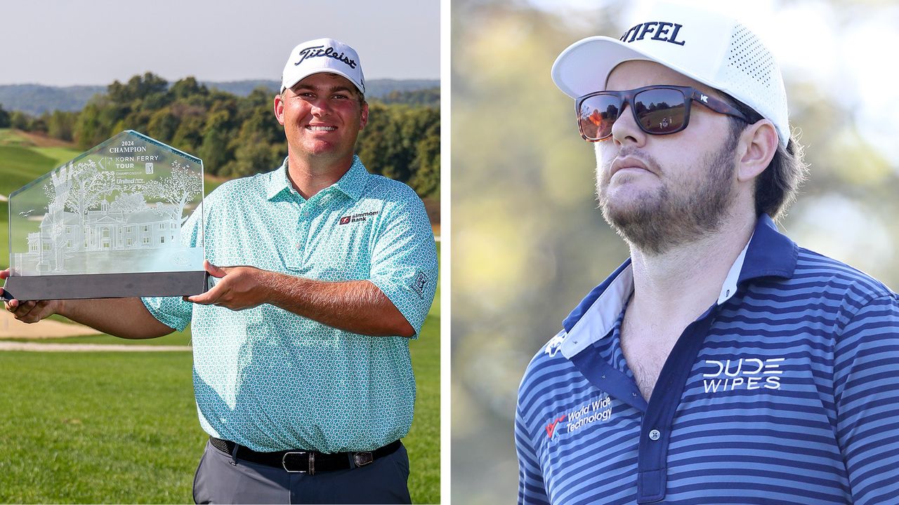 Braden Thornberry holds the Korn Ferry Tour Championship trophy, Harry Higgs stares on