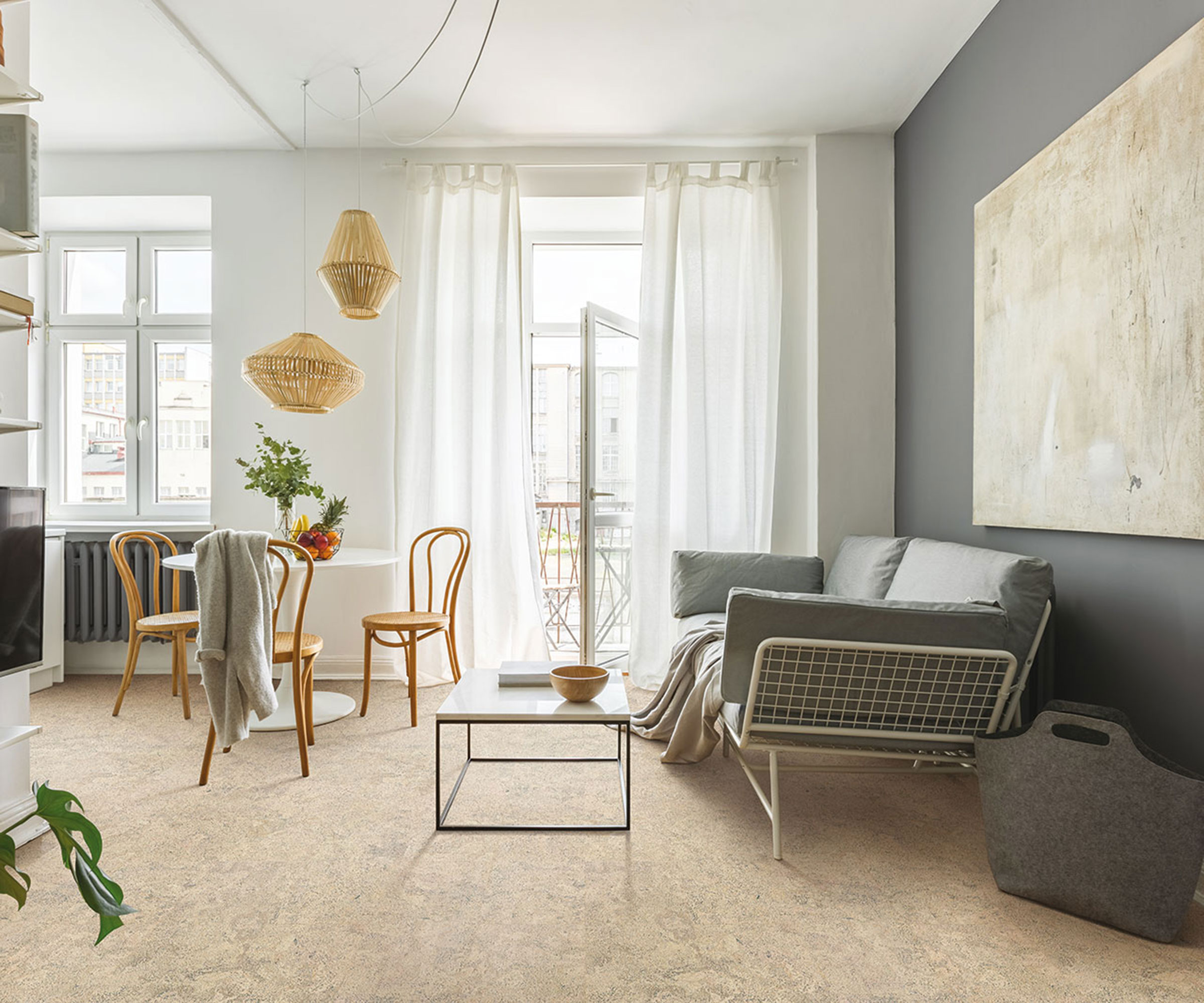 modern living room with cork flooring