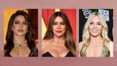 Collage of three images showing Priyanka Chopra, Sofia Vergara and Sienna Miller set against a dark pink watercolour background