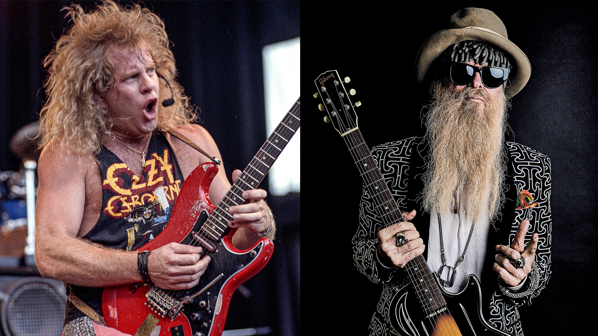 LEFT: Brad Gillis of Night Ranger performs at Shoreline Amphitheatre on October 6, 1991 in Mountain View, California. RIGHT: Billy Gibbons, in Los Angeles, California, on April 18, 2019. 