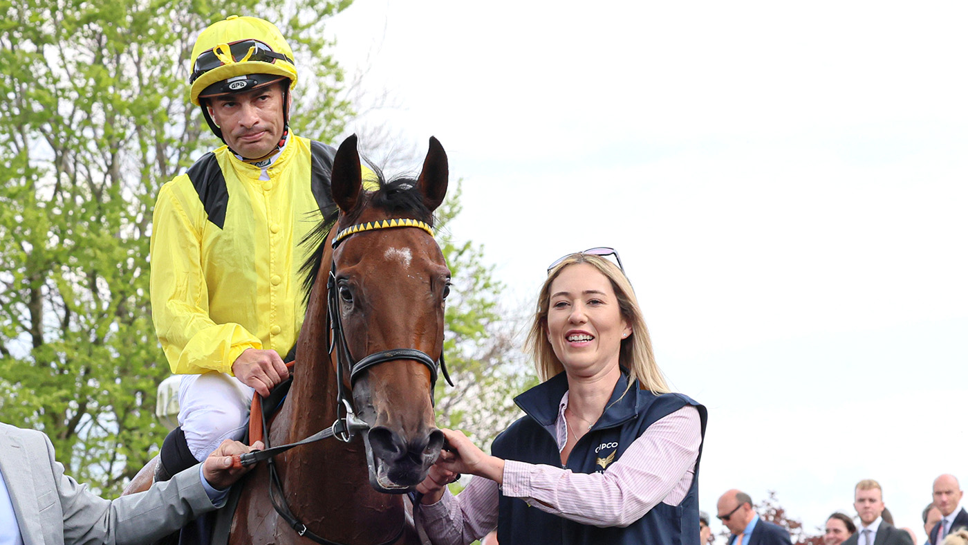 Kerry Humphries with the Roger Varian-trained 1000 Guineas winner Elmalka. Kerry also looks after ex-racehorse One Pekan, who she sometimes rides bridleless.