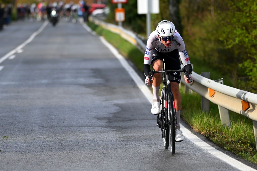 ESTELLALIZARRA SPAIN MARCH 30 Brandon Mcnulty of The United States and UAE Team Emirates attacks in the breakaway during the 33rd Gran Premio Miguel Indurain 2024 a 1981km one day race from EstellaLizarra to EstellaLizarra on March 30 2024 in EstellaLizarra Spain Photo by Tim de WaeleGetty Images