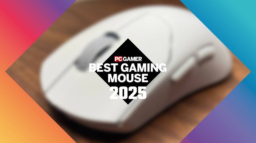 A gaming mouse behind a PC Gamer Best Gaming Mouse 2025 border overlay