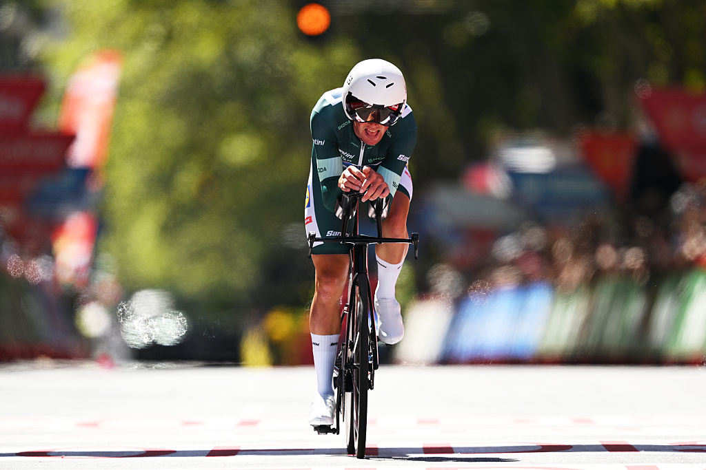 VALLADOLID, SPAIN - SEPTEMBER 11: Mads Pedersen of Denmark and Team Lidl - Trek - Green Points Jersey crosses the finish line during the La Vuelta - 80th Tour of Spain 2025, Stage 18 a 12.2km individual time trial stage from Valladolid to Valladolid / Stage shortened for safety reasons / #UCIWT / on September 11, 2025 in Valladolid, Spain. (Photo by Dario Belingheri/Getty Images)