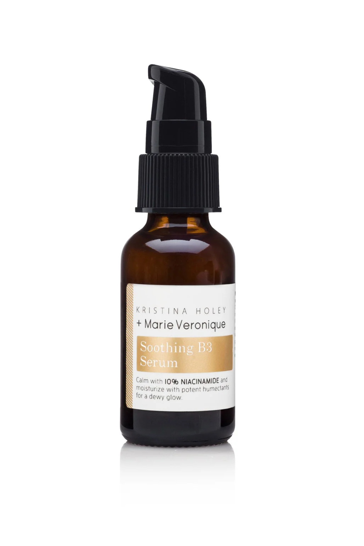 A bottle of Marie Veronique calming B3 niacinamide serum set against a white background.
