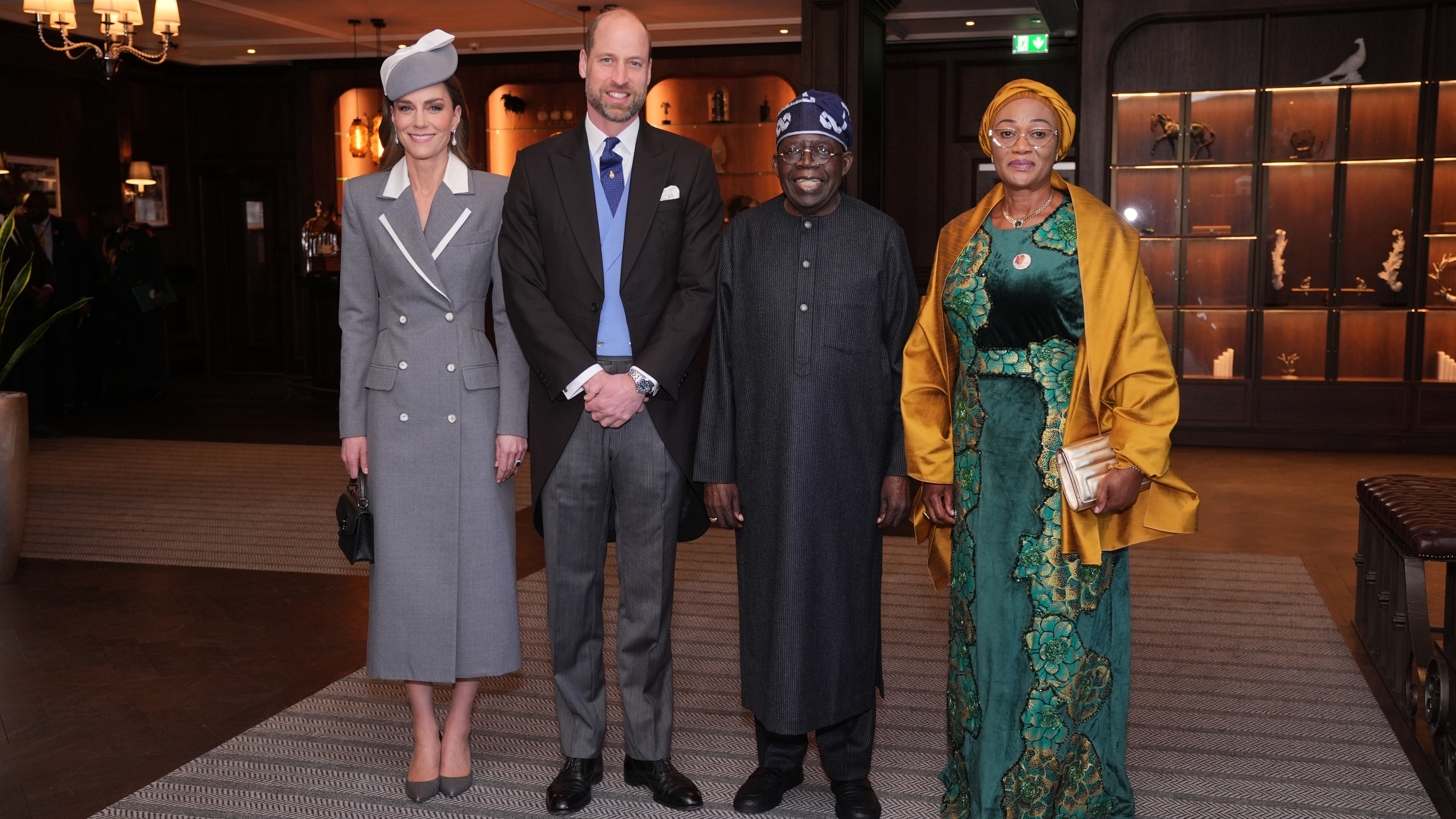 Prince William, Prince of Wales and Catherine, Princess of Wales receive President of Nigeria Bola Ahmed Tinubu and First Lady Oluremi Tinubu at the Fairmont Windsor Park hotel