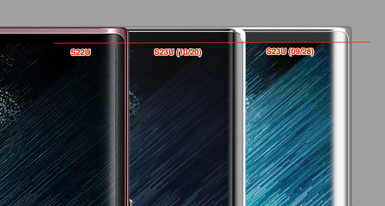 A render showing the top bezel of the Galaxy S22 Ultra, and two variations of the Galaxy S23 Ultra